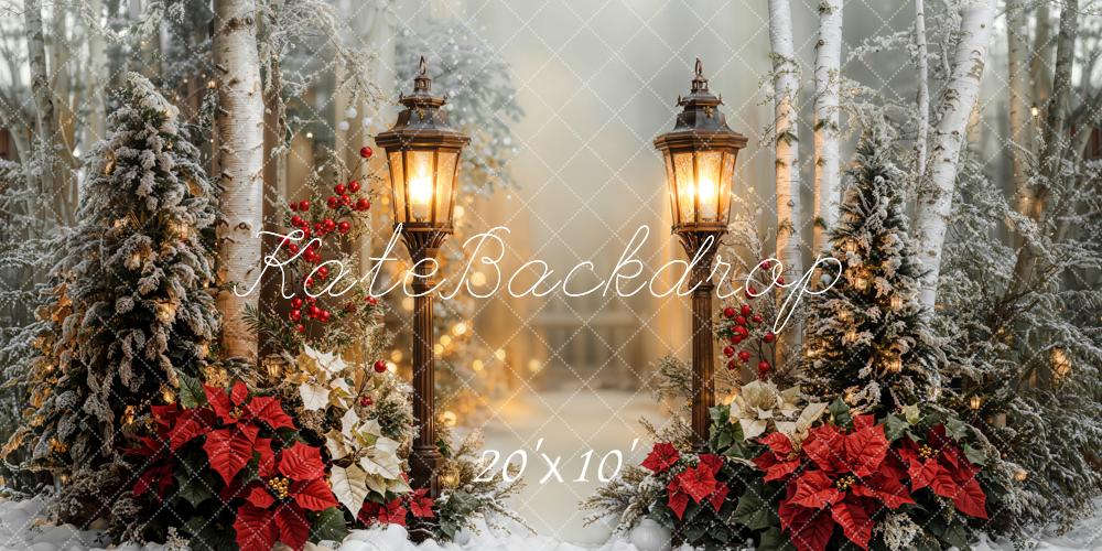 Kate Christmas Lantern Poinsettia Snowy Forest Backdrop Designed by Emetselch