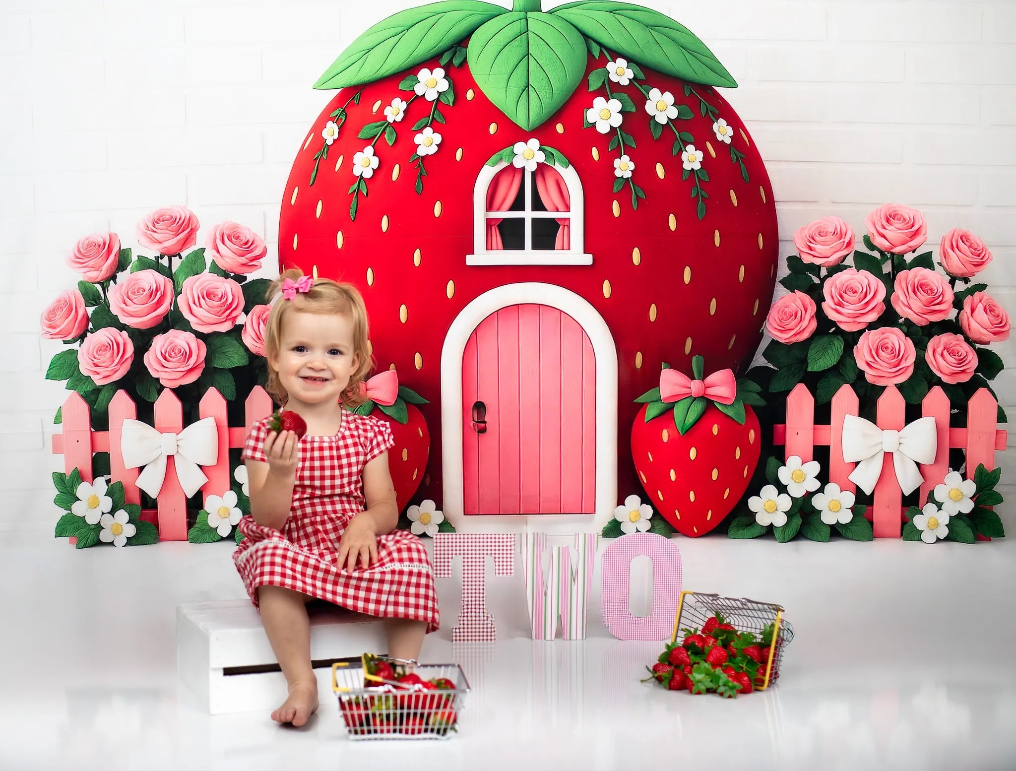 Kate Cake Smash Strawberry House Floral Backdrop Designed by Ashley Paul