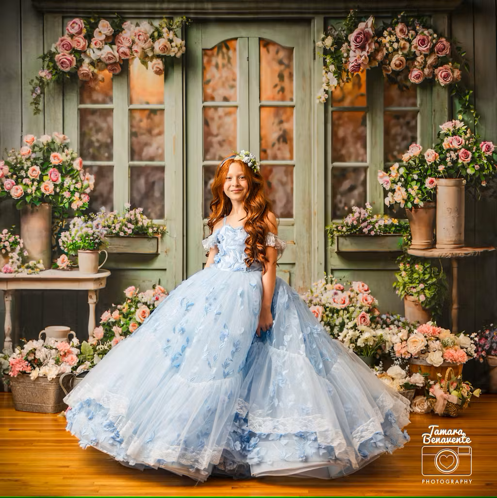 Kate Spring Flowers Green Wooden Door Backdrop